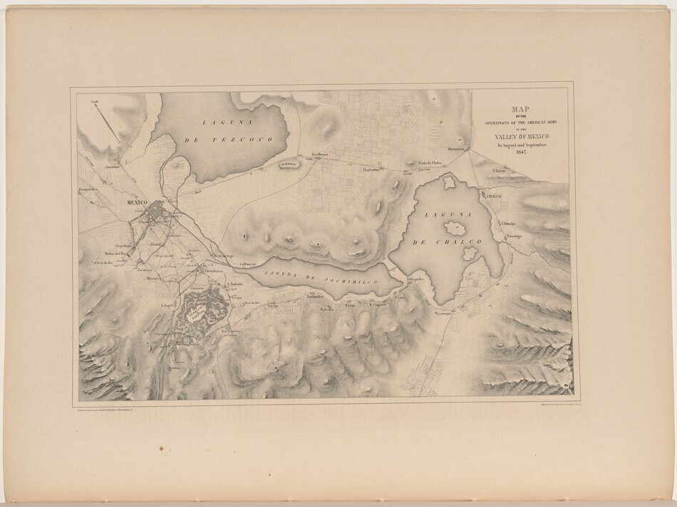 This is a drawing of a historical map. The image depicts a detailed map of the operations of the American Army in the Valley of Mexico in August and September 1847. The map includes various lakes labeled “Laguna de Texcoco” and “Laguna de Chalco,” surrounded by a range of topographic features represented with shading. There are small settlements or sites indicated across the map, and the city of Mexico is prominently marked on the left side. The text and labeling are in English. There is a note indicating it was drawn by a topographical engineer.
