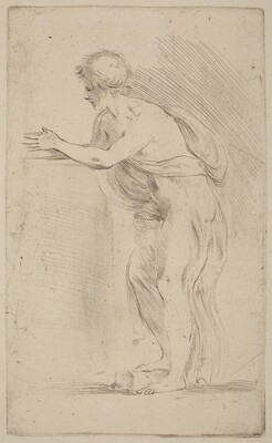 “Academy of a Young Man”. The image is an etching of a full-body figure from the back and slightly from the side.