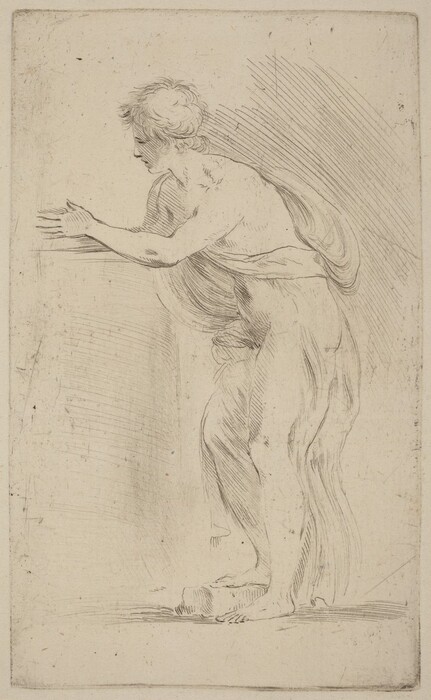 The image is an etching of a full-body figure from the back and slightly from the side. The person is leaning forward with arms resting on a surface. One foot is in front of the other, and the posture appears relaxed or thoughtful. The facial features are outlined, with eyes looking downwards, an elongated nose, closed lips, and short, wavy hair. The upper body is bare, showing muscle outlines. The lower body is draped with loosely drawn fabric, leaving the feet exposed. There are no visible accessories or objects. The background consists of diagonal and curved lines, adding texture and depth.