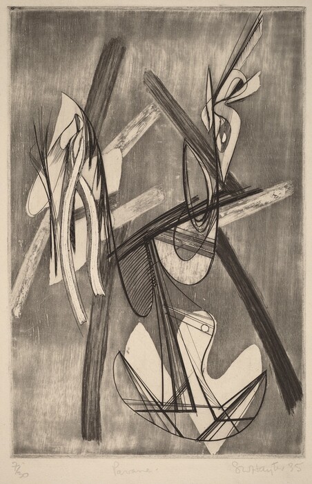 The image shows intersecting lines and shapes. Black lines crisscross the scene, overlaid on broader, lightly shaded strokes that form an X-like structure in the background. There are curved elements that could resemble petals or sails, and linear patterns that could remind one of stringed instruments' cords. The juxtaposition of fluid curves and sharp angles evokes a dynamic interplay between motion and structure.