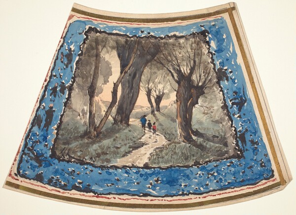 Travelers on a Wooded Path with a Border of Whimsical Figures and Monkeys