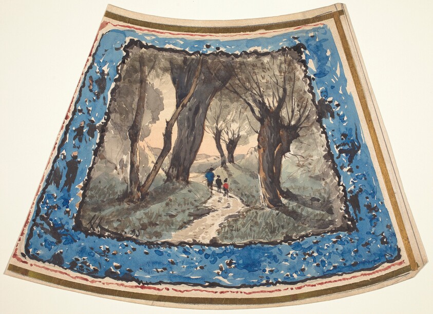 Travelers on a Wooded Path with a Border of Whimsical Figures and Monkeys