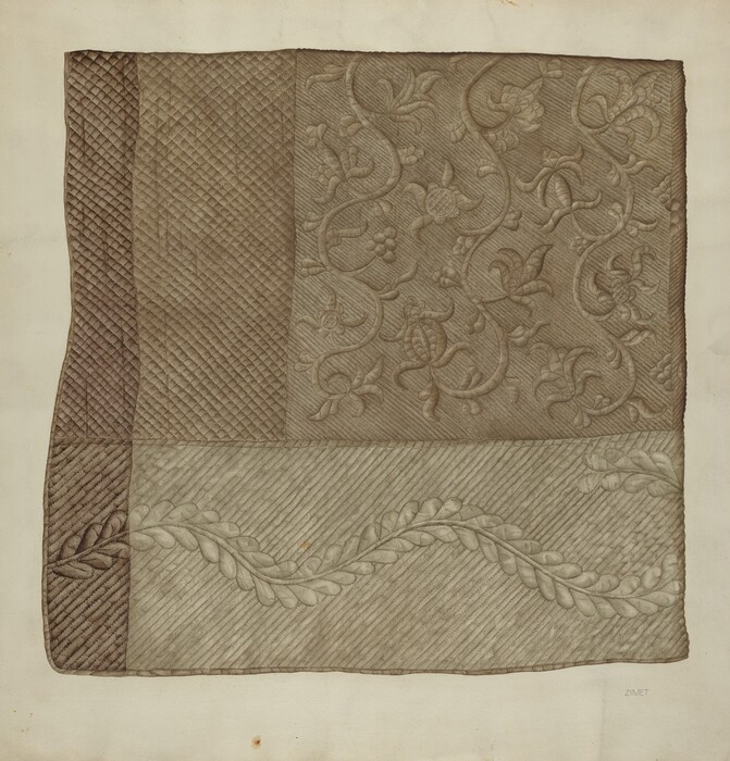 The image shows a fabric square with three distinct patterned sections: a dense diagonal crosshatch pattern on the left, an ornate floral design in the center, and a leafy vine pattern at the bottom. The color palette consists of muted browns and grays, giving the fabric a vintage, neutral look. The fabric occupies most of the space in the image, with a plain, light surface in the background.