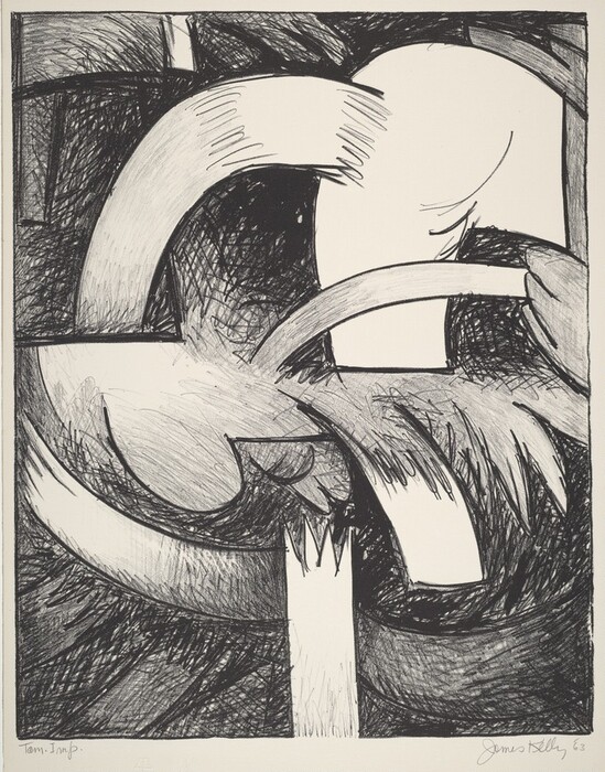 The image showcases curving lines and overlapping shapes in a dynamic composition. The abstract shapes and lines twist and turn across the canvas. The black and white contrasts add depth to the swirling shapes.