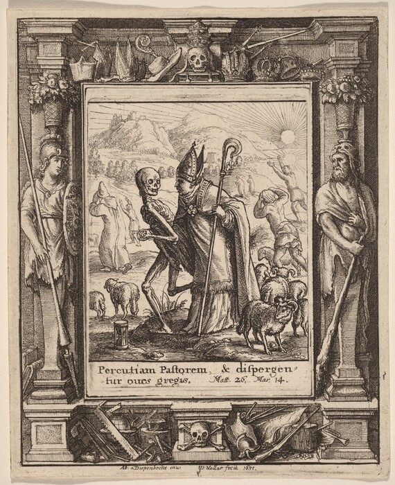 Drawing of a bishop confronting death in a pastoral scene. A skeleton figure, representing death, is depicted in dark robes facing a bishop holding a crosier. Sheep graze nearby. The sun shines over hills and structures in the background. The scene is enclosed by a frame decorated with crowns, skulls, scepters, helmets, and garlands. Two armored figures stand on either side. A Latin inscription is at the bottom of the drawing.