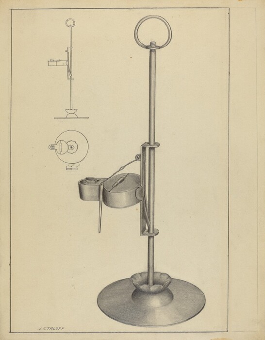 The image shows a mechanical apparatus with a central pole anchored onto a circular base, a circular hoop at the top, and a smaller arm holding two cylindrical containers. The sketch is detailed with grayscale shades for shading. Technical drawings and sectional views are included in the upper left and mid-left portions of the image.