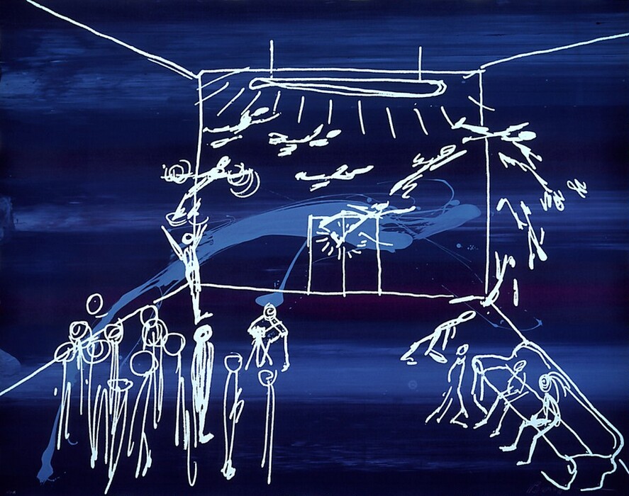 The image shows abstract white lines and shapes on a deep blue background. Some shapes are arranged in the outline of a room with stick figures throughout. Additional abstract lines at the top resemble waves. The image suggests movement and an imaginative space with figures in various poses.