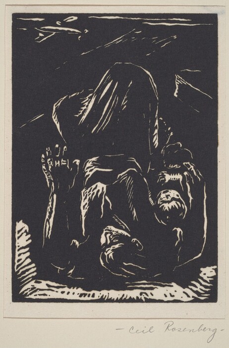 This is a drawing of abstract forms and textures. The drawing consists of dynamic, bold lines and shapes suggesting an abstract scene with two figures seemingly intertwined or positioned in a somber, possibly protective posture. The forms are rendered with a high contrast of black against white, emphasizing the dramatic movements and shapes. The background features a minimalistic landscape with a few distinct, angular lines. The strokes used are rough and expressive, adding to the emotional intensity of the drawing.