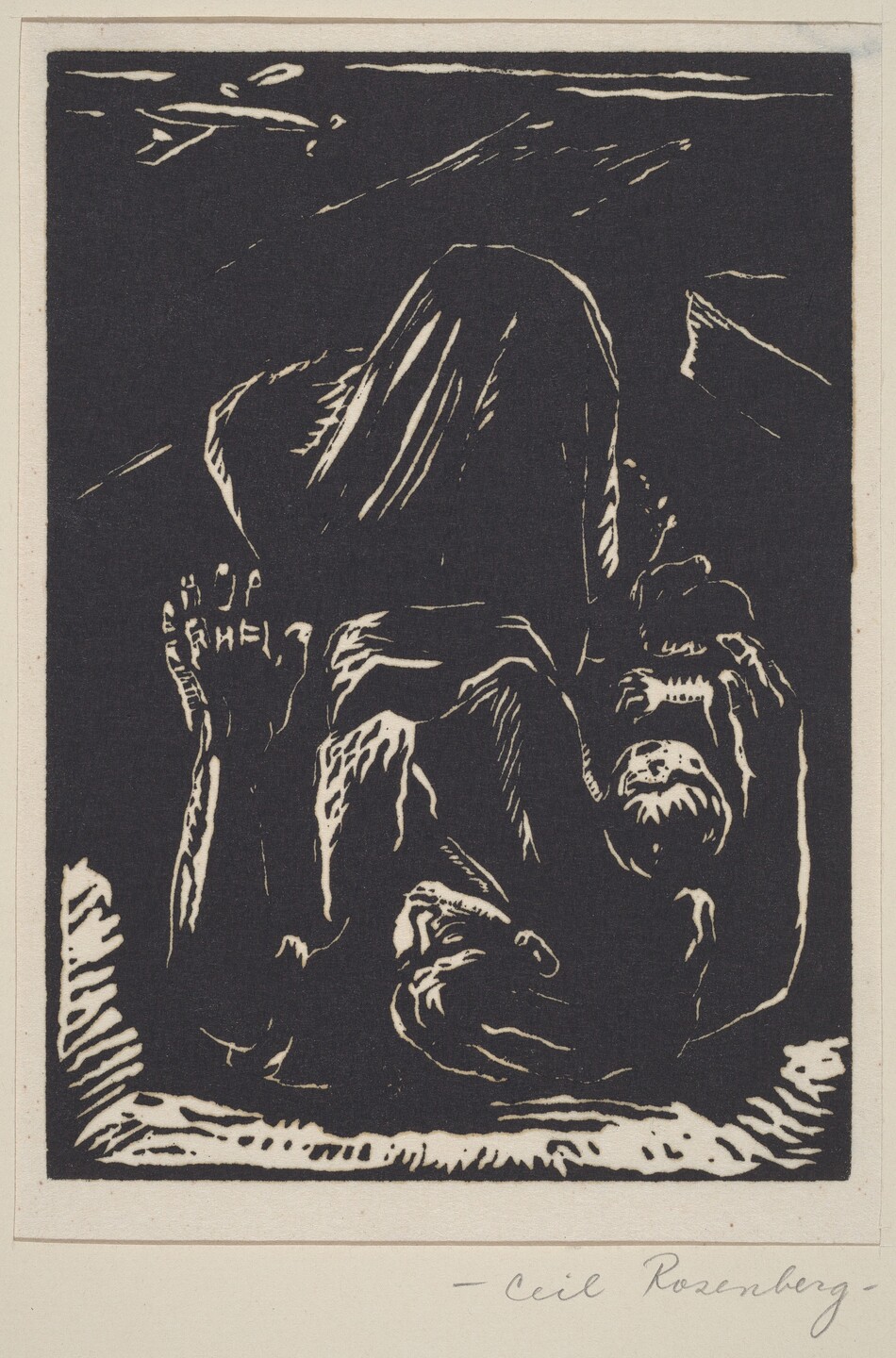 This is a drawing of abstract forms and textures. The drawing consists of dynamic, bold lines and shapes suggesting an abstract scene with two figures seemingly intertwined or positioned in a somber, possibly protective posture. The forms are rendered with a high contrast of black against white, emphasizing the dramatic movements and shapes. The background features a minimalistic landscape with a few distinct, angular lines. The strokes used are rough and expressive, adding to the emotional intensity of the drawing.