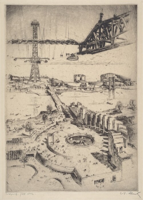 The image is viewed from an elevated perspective, showing a landscape with architectural elements. There is a grand construction with a bridge-like structure, towers, and cables in the distance. Close by, a circular open area with pathways and architectural ruins is visible. The style is intricate, with fine lines resembling an etching. The color palette is monochrome, using black and white for contrast. Small figures are depicted in the scene.