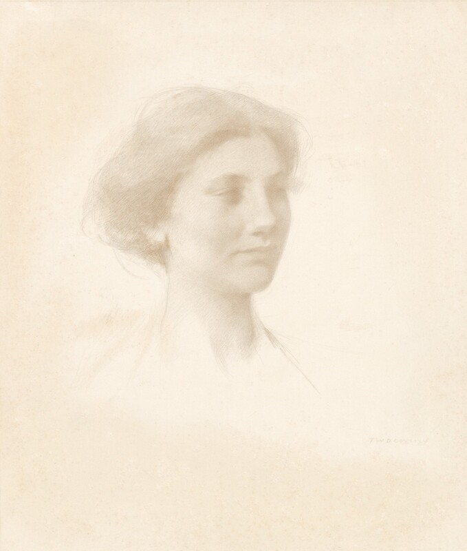 The head and neck of a girl is drawn with layers of delicate, faint silverpoint lines on vertically oriented, cream-white paper. The girl is angled to our right and looks off in that direction with shaded eyes. She has broad, high cheekbones, a straight nose, and her full lips are closed with a faint suggestion of a smile and a dimple in the cheek we see. Her hair is parted down the middle and pulled loosely back and up. Her shoulders below the neck are sparsely sketched in. The drawing is done with fine, almost ghostly lines, which gives the portrait an ethereal, insubstantial look. The artist signed the drawing in the lower right corner, “T W Dewing.”