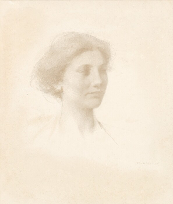 The head and neck of a girl is drawn with layers of delicate, faint silverpoint lines on vertically oriented, cream-white paper. The girl is angled to our right and looks off in that direction with shaded eyes. She has broad, high cheekbones, a straight nose, and her full lips are closed with a faint suggestion of a smile and a dimple in the cheek we see. Her hair is parted down the middle and pulled loosely back and up. Her shoulders below the neck are sparsely sketched in. The drawing is done with fine, almost ghostly lines, which gives the portrait an ethereal, insubstantial look. The artist signed the drawing in the lower right corner, “T W Dewing.”