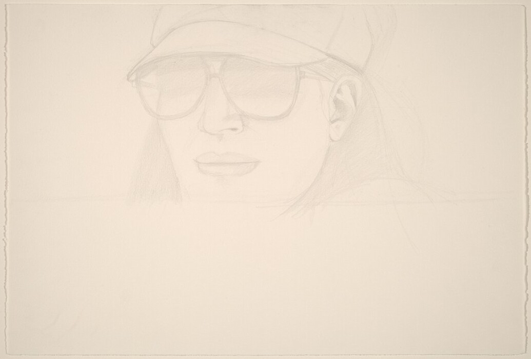 The image is a pencil sketch of a person's face, from the top of the head to the lips. The individual is facing forward, with only the head visible. The facial features are lightly shaded; the person wears large sunglasses that cover the eyes and has long, straight hair partially showing under a cap. The cap is low on the head, shading the upper face, and the expression is neutral, with closed lips. There is no visible jewelry or objects in the sketch, and the background is blank.