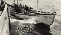 Gloucester fishermen pulling in their nets to bring their catch nearer to the surface so the dip net can transfer them to the big boat. Gloucester, Massachusetts, Gordon Parks, June 1943