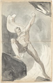 From below, we look up at a nude, muscular man striding from one dark gray boulder to another against a mist-gray background in this vertical drawing. The man’s right knee, to our left, is bent as he leans onto that leg. His other leg is stretched behind him so the foot reaches into the lower right corner of the sheet. The man holds his left arm, to our right, high with that hand in a fist, and he turns his head to look in that direction. A white drapery swirls up and behind the man’s shoulders. The background is mostly washes of muted, slate gray with a darker flint-gray area to the left. The man’s body is outlined lightly in graphite and chalk and more lines create a loose, angular grid across the background. The sheet has a crease across its middle.