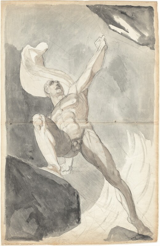 From below, we look up at a nude, muscular man striding from one dark gray boulder to another against a mist-gray background in this vertical drawing. The man’s right knee, to our left, is bent as he leans onto that leg. His other leg is stretched behind him so the foot reaches into the lower right corner of the sheet. The man holds his left arm, to our right, high with that hand in a fist, and he turns his head to look in that direction. A white drapery swirls up and behind the man’s shoulders. The background is mostly washes of muted, slate gray with a darker flint-gray area to the left. The man’s body is outlined lightly in graphite and chalk and more lines create a loose, angular grid across the background. The sheet has a crease across its middle.