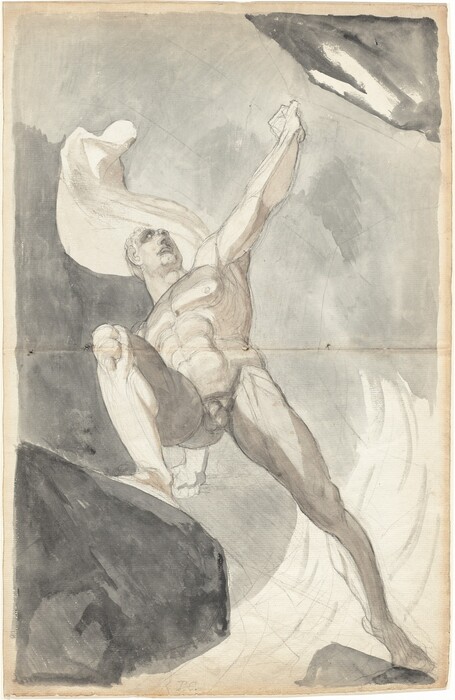 From below, we look up at a nude, muscular man striding from one dark gray boulder to another against a mist-gray background in this vertical drawing. The man’s right knee, to our left, is bent as he leans onto that leg. His other leg is stretched behind him so the foot reaches into the lower right corner of the sheet. The man holds his left arm, to our right, high with that hand in a fist, and he turns his head to look in that direction. A white drapery swirls up and behind the man’s shoulders. The background is mostly washes of muted, slate gray with a darker flint-gray area to the left. The man’s body is outlined lightly in graphite and chalk and more lines create a loose, angular grid across the background. The sheet has a crease across its middle.