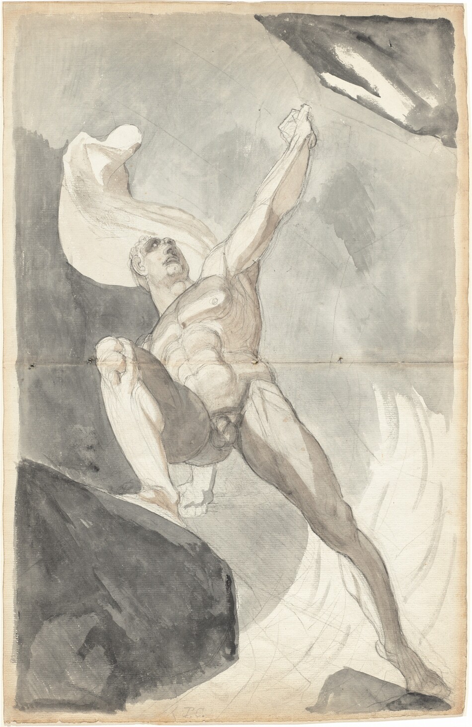From below, we look up at a nude, muscular man striding from one dark gray boulder to another against a mist-gray background in this vertical drawing. The man’s right knee, to our left, is bent as he leans onto that leg. His other leg is stretched behind him so the foot reaches into the lower right corner of the sheet. The man holds his left arm, to our right, high with that hand in a fist, and he turns his head to look in that direction. A white drapery swirls up and behind the man’s shoulders. The background is mostly washes of muted, slate gray with a darker flint-gray area to the left. The man’s body is outlined lightly in graphite and chalk and more lines create a loose, angular grid across the background. The sheet has a crease across its middle.