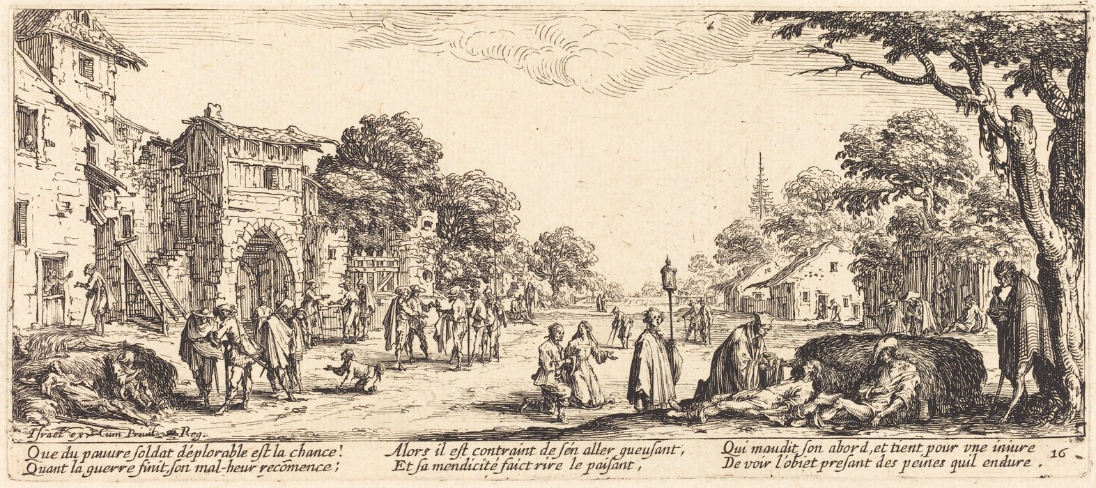 The image depicts a street view with various figures engaged in different activities, captured from a slightly elevated perspective. The horizon is high in the sky with minimally detailed clouds. The artwork uses intricate line work and cross-hatching techniques for texture and depth in architectural details and foliage. The color palette is monochromatic with strong contrasts of dark and light, typical of an etching or ink drawing. People interact near a thatched structure in the foreground, while further back, buildings, trees, and more figures populate the scene, creating depth and narrative movement.