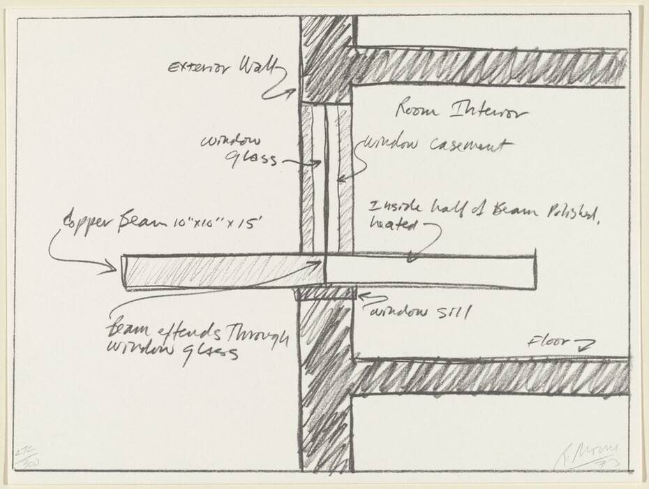 This is a drawing of a cross-section view of a building element with a copper beam. The drawing shows a structural detail including an exterior wall, window glass, room interior, and a copper beam. Handwritten annotations detail the components and dimensions of the copper beam (10"x16"x15'). Notes indicate that the beam extends through the window glass, with one half polished and heated. The cross-section displays the beam passing through the window into the room interior, past the window casement and window sill. Key structural elements like the floor and exterior wall are depicted with simple lines and shading for material separation.