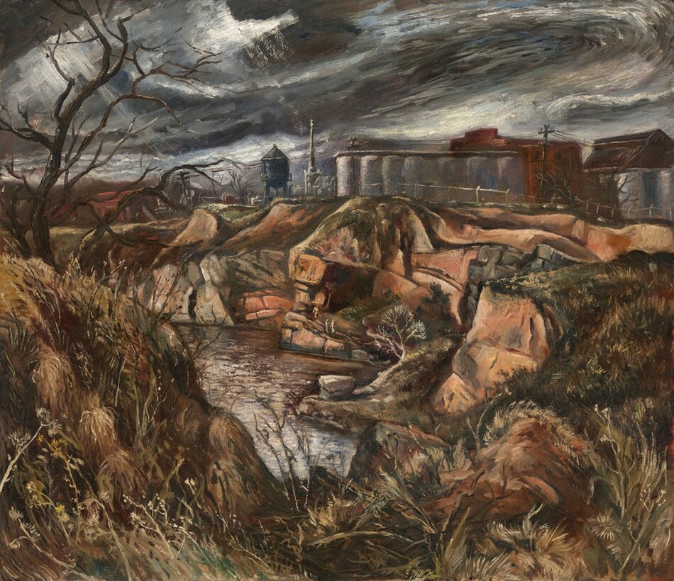 A stream winds through steep, rocky banks that lead back to a complex of buildings under a swirling sky in this nearly square landscape painting. The scene is painted with loose and visible brushstrokes in shades of earthy and wheat brown, tan, forest green, silvery gray, and slate blue. A steep hillock in the lower left corner of the canvas is covered with tall grasses. A barren tree with spiky branches reaches into the sky beyond the hillock. The land dips in front of us, across the right two-thirds of the composition. Just beyond this, the land slopes steeply down to the river tucked into the rocky, canyon-like riverbed. Three people, painted with a few strokes of beige and gray and minuscule in scale, are on boulders near the water about halfway back. Some of the rocky cliff faces are carpeted with green grass and some are bare dirt. A complex of buildings beyond a chain link fence are painted with shades of steel gray, rust red, and dark brown. A celestial-blue water tower stands to the left of center on the horizon, which comes two-thirds of the way up this composition. Some brick-red streaks in the distance to the left are difficult to make out, but might be another structure. A few streaks of white sunlight pour down through breaks in the swirling dark gray clouds in the sky above. A few glimpses of blue sky are visible near the top center of the composition.