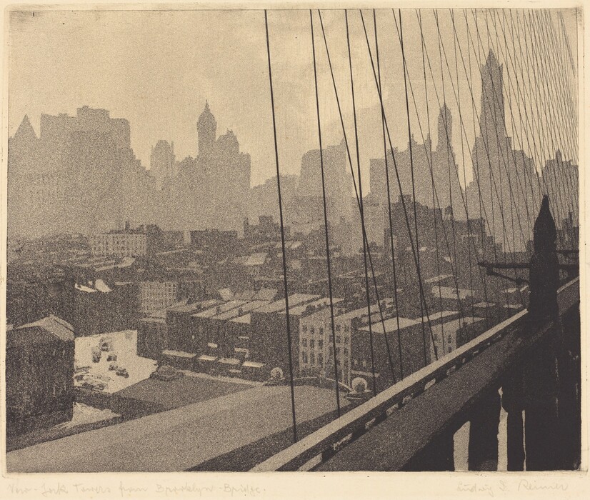 The image shows the view from an elevated position on the Brooklyn Bridge, looking towards the cityscape. The horizon is high in the image, dominated by tall buildings forming a jagged skyline. The scene is framed by the vertical lines of the bridge cables, creating a grid-like pattern. The artwork features a monochromatic etching or print style, emphasizing contrasts between light and shadow. The color palette consists mainly of black and sepia tones, creating a vintage aesthetic and highlighting the interplay of light on the structures in the urban landscape.