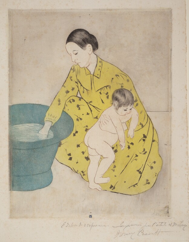 A woman kneels to test the water in a freestanding bathtub with one hand as she braces a nude child against her knee with the other in this vertical, colored print. The people and objects are outlined lightly with brown for the bodies and black for the woman’s clothing. Both the woman and baby’s hair are incised with delicate black lines. The woman’s hair is pulled back from a high forehead, and she has a straight nose, pursed lips, and a slight double chin. Her long-sleeved, floor-length dress has a narrow collar and is pleated across the chest and at the cuff we can see. The dress is filled in with a field of bright lemon yellow and patterned with a floral design. The baby turns toward the woman’s body and hangs their arms over her bracing hand. The baby has short, wispy, black hair with delicate facial features, a rotund belly, and satisfyingly pudgy rolls on the legs. The tub is denim blue, and the water within a paler shade. There are some smudges across the paper, especially at the edges. A mark with an oval, or a mirrored C, over an uppercase M, is stamped in royal blue at the bottom center of the print. The sheet is inscribed with graphite across the right half of the bottom margin. Text reads, “Edition de 25 épreuves Imprimée par l’artiste et M. Leroy Mary Cassatt."