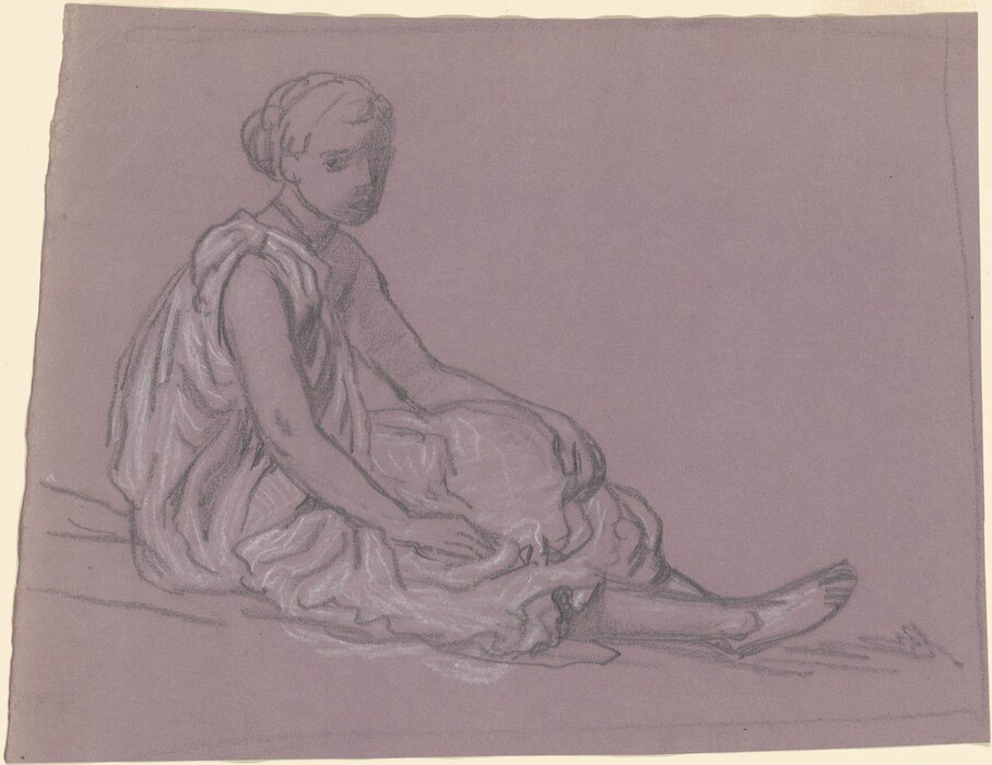 The image shows a person sitting with one knee raised and arms resting on the knee. Their facial features are outlined with subtle shading, and they have styled hair. The individual is draped in loose clothing. There are no visible accessories or objects. The background is a plain sheet of paper.