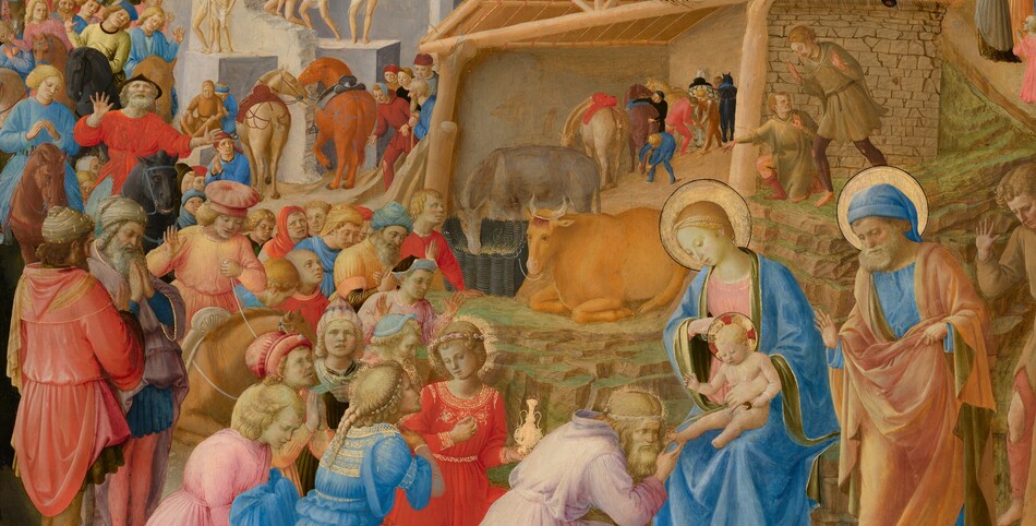 Dozens of people line up around a shed-like structure and around stone ruins to kneel before a woman and baby at the lower center of this circular painting. All the people have pale skin. The crowd gathers along a pathway that winds around a rocky mountain at the top middle of the composition. Most of the people are on foot but a few ride horses or camels. The line of people curves around and through an arched opening in a stone ruin to our left. Sitting at the center of the painting, behind the woman and baby, Mary and Jesus, the structure is open at the front and has a triangular pitched roof. Some of the people, including the three closest to Mary and Jesus, wear elegant, gold-trimmed clothing. Others wear simple tunics, and several people standing along the ruins in the middle distance wear only white loincloths. Ages of the people range from young and cleanshaven to older and bearded. Their costumes are mostly pale yellow, coral orange, crimson red, shell pink, or sky blue. Some people raise their heads and hands while others hold hands to their chests and close their eyes. Mary wears a pale blue robe over a blush-pink dress. Jesus is nude and an older man standing nearby wears an apricot-colored robe over a blue tunic. The older man, Mary, and Jesus have gold halos. A peacock and two other birds stand on the roof of the manger, which shelters an ox, ass, and horses.