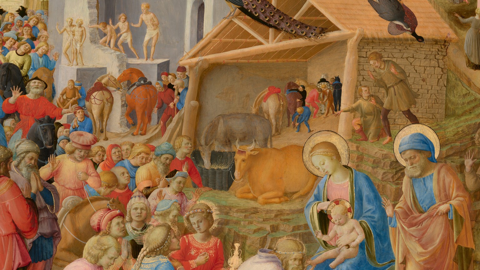 Dozens of people line up around a shed-like structure and around stone ruins to kneel before a woman and baby at the lower center of this circular painting. All the people have pale skin. The crowd gathers along a pathway that winds around a rocky mountain at the top middle of the composition. Most of the people are on foot but a few ride horses or camels. The line of people curves around and through an arched opening in a stone ruin to our left. Sitting at the center of the painting, behind the woman and baby, Mary and Jesus, the structure is open at the front and has a triangular pitched roof. Some of the people, including the three closest to Mary and Jesus, wear elegant, gold-trimmed clothing. Others wear simple tunics, and several people standing along the ruins in the middle distance wear only white loincloths. Ages of the people range from young and cleanshaven to older and bearded. Their costumes are mostly pale yellow, coral orange, crimson red, shell pink, or sky blue. Some people raise their heads and hands while others hold hands to their chests and close their eyes. Mary wears a pale blue robe over a blush-pink dress. Jesus is nude and an older man standing nearby wears an apricot-colored robe over a blue tunic. The older man, Mary, and Jesus have gold halos. A peacock and two other birds stand on the roof of the manger, which shelters an ox, ass, and horses.