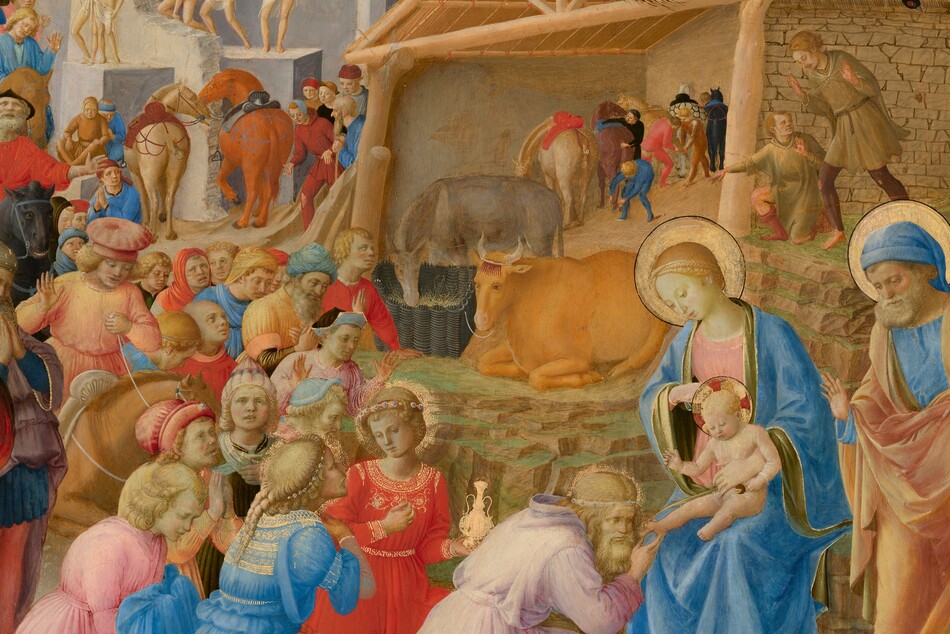 Dozens of people line up around a shed-like structure and around stone ruins to kneel before a woman and baby at the lower center of this circular painting. All the people have pale skin. The crowd gathers along a pathway that winds around a rocky mountain at the top middle of the composition. Most of the people are on foot but a few ride horses or camels. The line of people curves around and through an arched opening in a stone ruin to our left. Sitting at the center of the painting, behind the woman and baby, Mary and Jesus, the structure is open at the front and has a triangular pitched roof. Some of the people, including the three closest to Mary and Jesus, wear elegant, gold-trimmed clothing. Others wear simple tunics, and several people standing along the ruins in the middle distance wear only white loincloths. Ages of the people range from young and cleanshaven to older and bearded. Their costumes are mostly pale yellow, coral orange, crimson red, shell pink, or sky blue. Some people raise their heads and hands while others hold hands to their chests and close their eyes. Mary wears a pale blue robe over a blush-pink dress. Jesus is nude and an older man standing nearby wears an apricot-colored robe over a blue tunic. The older man, Mary, and Jesus have gold halos. A peacock and two other birds stand on the roof of the manger, which shelters an ox, ass, and horses.