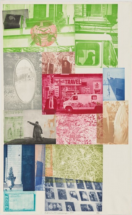 The image features rectangles and squares filled with various photos and prints layered over one another. The composition includes red, green, blue, and brown tones, showcasing storefronts, a vintage travel van, a man in a suit, black and white photos, a street sign, a mirrored surface reflecting a building, and a ship's bow with a person jumping into the water. The arrangement of images connects travel, exploration, and historical moments.