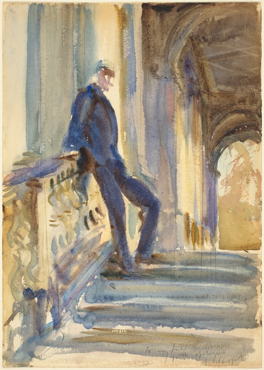 Sir Neville Wilkinson on the Steps of the Palladian Bridge at Wilton House