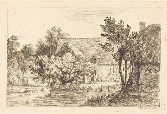 The image shows a serene rural scene with a water feature, a thatched cottage, trees, and foliage. The composition features detailed brushstrokes showcasing textures. The color palette is monochrome with gray and sepia tones. The sky is clear in the background.