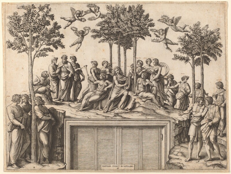 Printed with black lines on cream-white paper, twenty-four people gather on a hilltop that incongruously curves over a door and door jamb in this horizontal engraving. The men all wear voluminous robes and most have crowns of laurel leaves. The women wear gowns or togas that drape to their feet, and their wavy hair is rolled back, sometimes in a turban-like cloth. At the upper center, a muscular man, Apollo, sits on an earthen mound. His long curling hair falls around one bare shoulder. He strums a lyre with his right hand, on our left. In groups of four or five, men and women stand in conversation or lounge in repose around him. Faint cursive writing, added with pen, above most of their heads identify them. Around a spindly tree in the lower left are "Plato," "Plutrache," "Plinio," and "Cicero." A bareheaded man, "Luciano," writes as he looks up at "Danto," "Homero," and "Virgilio" to our left of Apollo. Immediately around Apollo are "Clio," "Euterpo," "Melpomene," "Erania," "Terpischore," "Polimia," and "Talia." Two women, reclining to each side of Apollo, are not labeled, and four tall trees grow up amid this group. To our right are "Marcobaro," "Seneca," and "Pitagora" around two more trees. Finally, "Socrates," "Ovidius," and "Aristitolus" gather along the right edge. The tops of the trees almost touch the top of the print. Five winged, baby-like cherubs, each holding leaf diadems in both hands, float between the tree canopies above. A piece of paper seems to be affixed to the doors below, at the bottom center of the composition. It reads, “RAPHAEL PINXIT IN VATICANO,” above a monogram with the conjoined initials “MAF.”