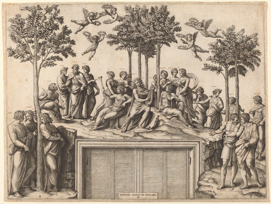 Printed with black lines on cream-white paper, twenty-four people gather on a hilltop that incongruously curves over a door and door jamb in this horizontal engraving. The men all wear voluminous robes and most have crowns of laurel leaves. The women wear gowns or togas that drape to their feet, and their wavy hair is rolled back, sometimes in a turban-like cloth. At the upper center, a muscular man, Apollo, sits on an earthen mound. His long curling hair falls around one bare shoulder. He strums a lyre with his right hand, on our left. In groups of four or five, men and women stand in conversation or lounge in repose around him. Faint cursive writing, added with pen, above most of their heads identify them. Around a spindly tree in the lower left are "Plato," "Plutrache," "Plinio," and "Cicero." A bareheaded man, "Luciano," writes as he looks up at "Danto," "Homero," and "Virgilio" to our left of Apollo. Immediately around Apollo are "Clio," "Euterpo," "Melpomene," "Erania," "Terpischore," "Polimia," and "Talia." Two women, reclining to each side of Apollo, are not labeled, and four tall trees grow up amid this group. To our right are "Marcobaro," "Seneca," and "Pitagora" around two more trees. Finally, "Socrates," "Ovidius," and "Aristitolus" gather along the right edge. The tops of the trees almost touch the top of the print. Five winged, baby-like cherubs, each holding leaf diadems in both hands, float between the tree canopies above. A piece of paper seems to be affixed to the doors below, at the bottom center of the composition. It reads, “RAPHAEL PINXIT IN VATICANO,” above a monogram with the conjoined initials “MAF.”