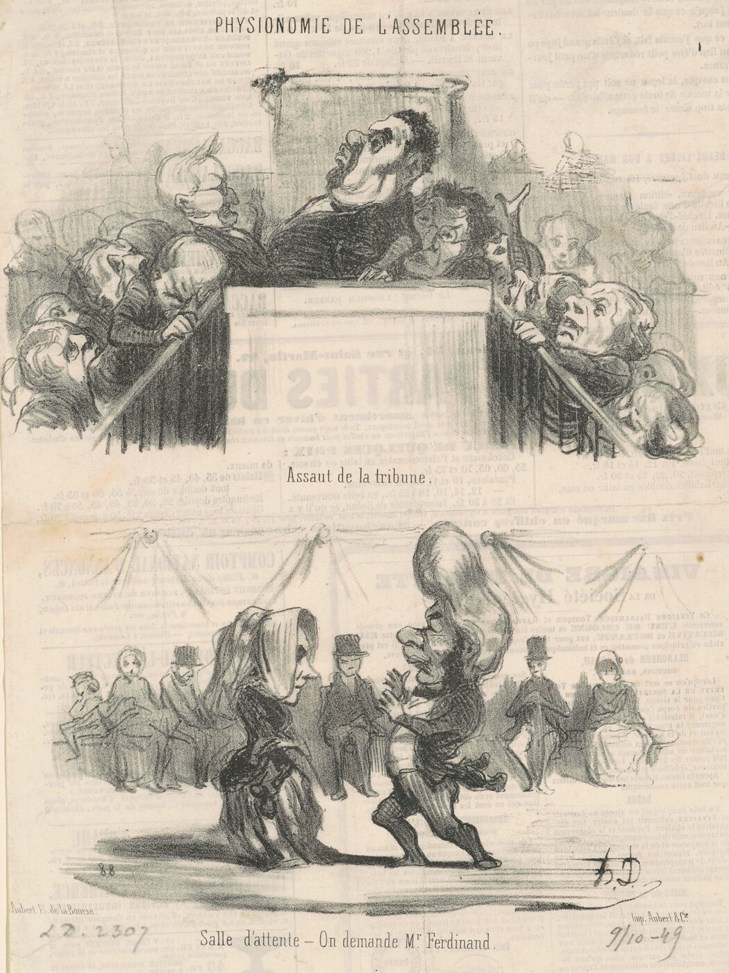 This is a drawing depicting a political caricature. The upper section is labeled "Assaut de la tribune" showing a chaotic scene with exaggerated figures in a parliamentary setting. The lower section, labeled "Salle d'attente – On demande Mⁿ Ferdinand," portrays a waiting room scene with exaggerated figures interacting. The drawing uses strong pencil lines and shading to emphasize the exaggerated features. It provides a satirical look at political and social situations, possibly drawing inspiration from contemporary events.