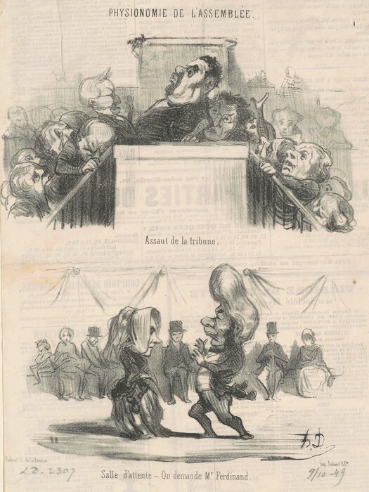 This is a drawing depicting a political caricature. The upper section is labeled "Assaut de la tribune" showing a chaotic scene with exaggerated figures in a parliamentary setting. The lower section, labeled "Salle d'attente – On demande Mⁿ Ferdinand," portrays a waiting room scene with exaggerated figures interacting. The drawing uses strong pencil lines and shading to emphasize the exaggerated features. It provides a satirical look at political and social situations, possibly drawing inspiration from contemporary events.
