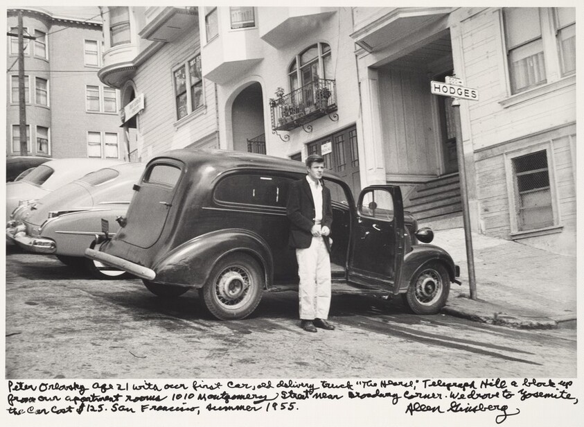 Peter Orlovsky age 21 with our first car, old delivery truck "The Hearse," Telegraph Hill a block up from our apartment rooms 1010 Montgomery Street near Broadway Corner. We drove to Yosemite, the car cost $125. San Francisco 1955.