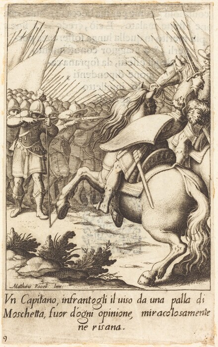 This drawing portrays a cavalry charge against a group of infantry soldiers. It shows a formation of soldiers on foot armed with long spears pointed upwards. In front of them, a rider on a rearing horse, clad in armor, is depicted. The horse's motion is dynamic. The drawing is detailed with fine lines, showing textures in the armor and horse's mane. The soldiers' helmets and armor reflect the style of historical European warfare. Underneath the image is an inscription in Italian.
