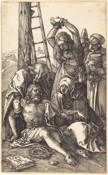The image shows five individuals surrounding a seated man. The central figure is a muscular, bearded man with long hair, partly undressed. Beside him is a woman with long hair, stretching her arms upward. Another man is leaning forward in a comforting gesture, wearing a cloak. Two more figures are behind them, an older woman in a headscarf and a man with a turban holding a cylindrical object. In the foreground are a thorny crown and a stone with the year "1507" and a monogram. In the background is a ladder against a tree or pole, with hills and structures in the distance.