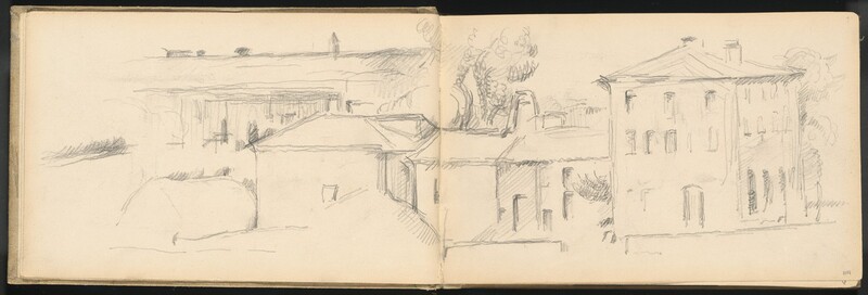 At least four buildings are lightly sketched in black graphite across two long pages of an open notebook. The largest of the four buildings is to the right, and it nearly spans the height of the page. It has three levels and a chimney. Three buildings stretching to the left may be conjoined to each other and possibly to the first structure. These have one or two stories and are sketched with less detail. Trees and shrubs peek over and around these structures. The leftmost quarter of the spread is harder to make out. A horizontal line near the top edge of that sheet could be a high horizon with trees and perhaps a church steeple silhouetted against the sky. Under that, some horizontal and vertical lines at first suggest another structure of some kind, but details as well as some darker shapes there are difficult to interpret. The paper is yellowed with age.