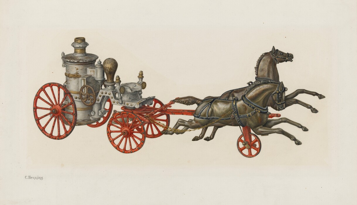 This is a painting of a steam engine resembling a horse-drawn carriage being pulled by two galloping horses. The steam engine is an intricately designed metallic contraption with various levers, wheels, and cylindrical and dome-shaped components. The engine's prominent wheels are painted in a vivid red hue. The two horses are dynamically depicted as they gallop energetically, their harnesses stretching taut as they pull the carriage. The artist has captured the muscular form and detail of the horses, imbuing them with a sense of power and motion. The color palette is primarily composed of earthy tones for the horses and metallic grays and reds for the engine.