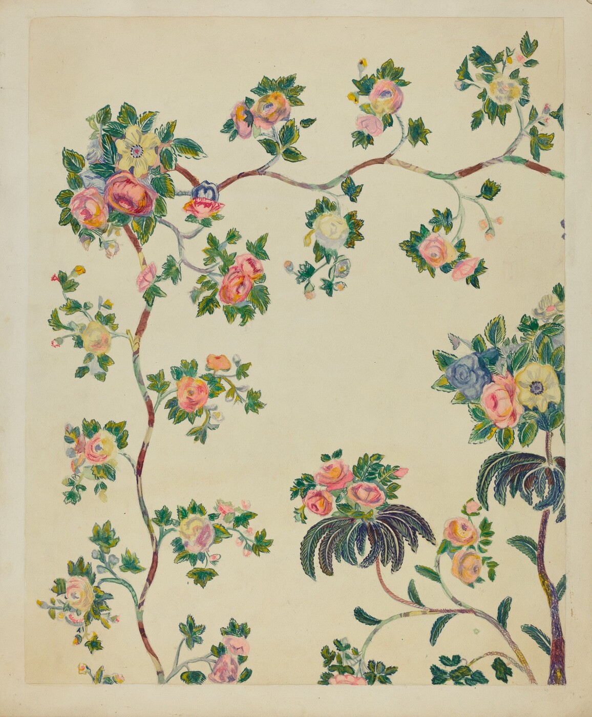 The image displays a pattern of intricately detailed, large floral designs, including various rose-like flowers with abundant green leaves, branching across the canvas. The color palette consists of soft pinks, yellows, blues, with accents of dark and light greens. In the foreground, several vines twist and turn, filled with clusters of blossoms positioned throughout the image.