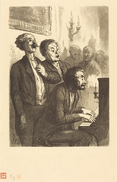 The image shows a crowded scene with several figures. It features four men from the waist up, with one seated at a piano and the others standing behind him. The man at the piano has expressive facial features and curly hair, focusing on playing the keys. The standing men have various facial expressions, including two who appear to be singing and one who seems amused or enthusiastic. All men are dressed in formal attire with jackets over collared shirts. The background includes indistinct figures, possibly forming a crowd, and ornate elements like a framed painting on the wall and a candle sconce, suggesting an indoor setting reminiscent of a salon or concert.