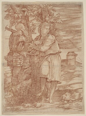 “The Shepherd and the Old Warrior”. The image depicts two full-body figures standing close to each other in an outdoor setting.