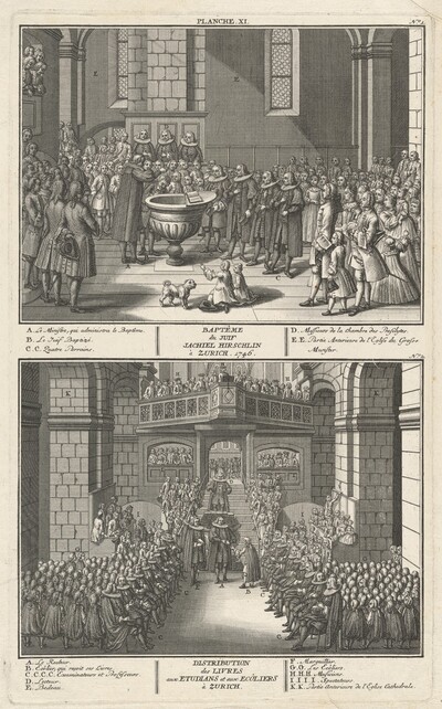 Baptême du Juif Jachiel Hirschlin à Zurich. 1746; Distribution des Livres avec Etudians et aux Ecôliers à Zurich (Baptism of Jachiel Hirschlin and Distribution of the Books)