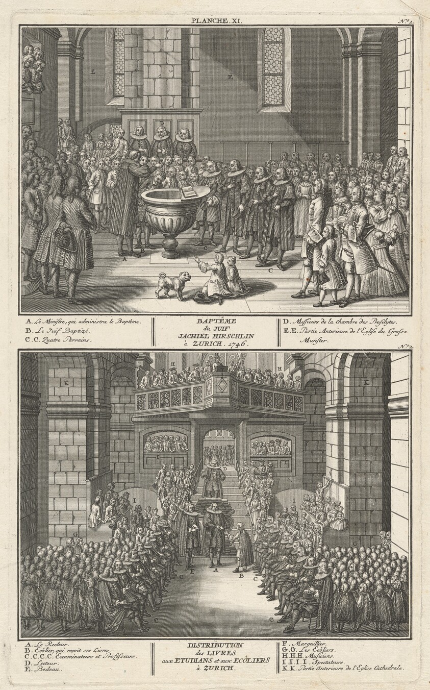 Baptême du Juif Jachiel Hirschlin à Zurich. 1746; Distribution des Livres avec Etudians et aux Ecôliers à Zurich (Baptism of Jachiel Hirschlin and Distribution of the Books)