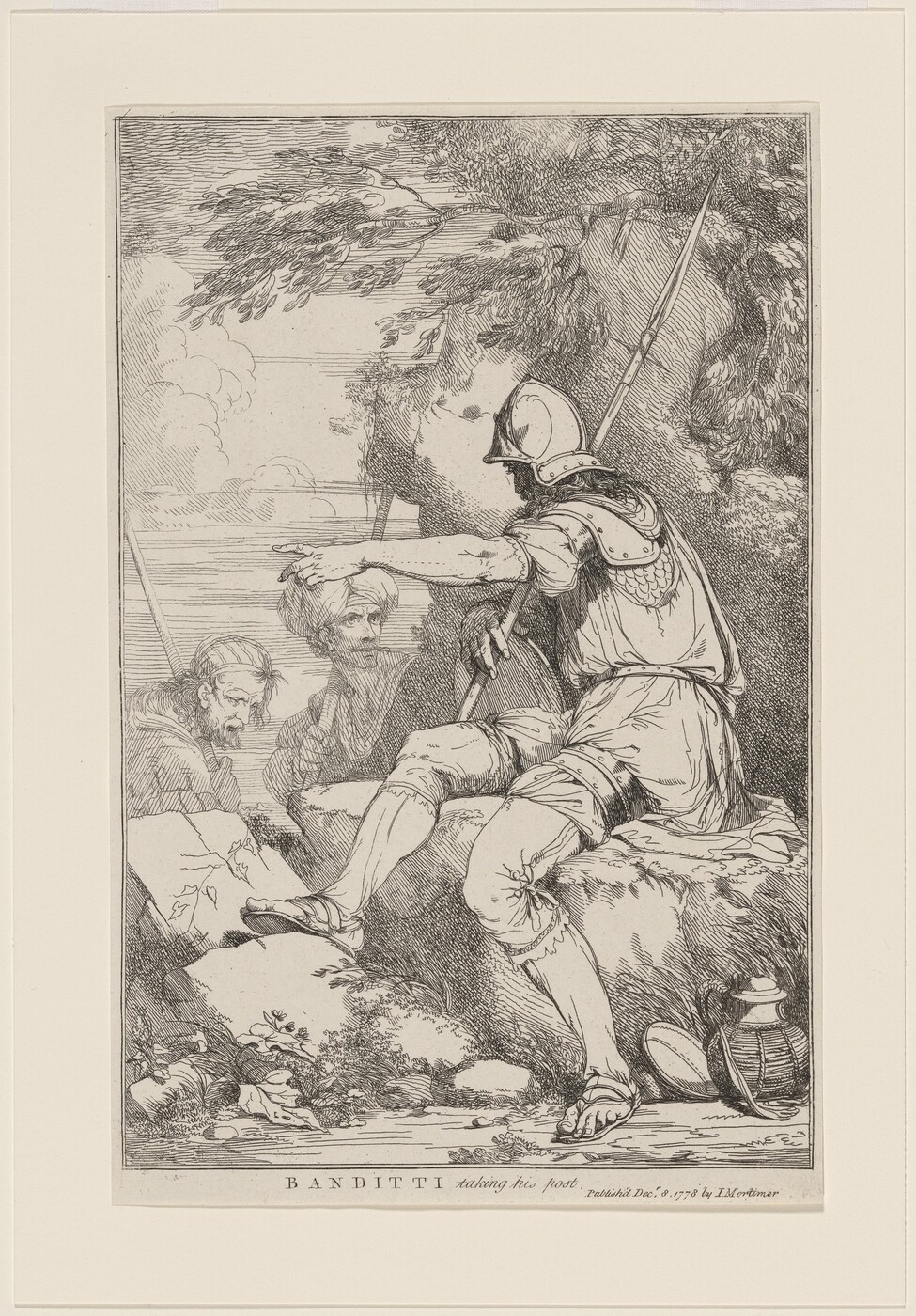This is a drawing of armed guards with spears in a rocky landscape. The composition shows a rocky terrain with vegetation. A figure in classical armor and helmet is seated on a rock, with a spear nearby and gesturing with an outstretched arm. Two other figures are crouched under a rocky outcrop. The background has trees and clouds. The artwork features detailed textures in armor, clothing, and rocks, creating a dramatic narrative. The style includes fine lines, intricate details, and dynamic forms for storytelling.