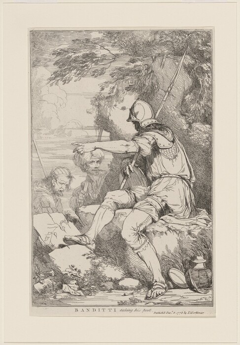 This is a drawing of armed guards with spears in a rocky landscape. The composition shows a rocky terrain with vegetation. A figure in classical armor and helmet is seated on a rock, with a spear nearby and gesturing with an outstretched arm. Two other figures are crouched under a rocky outcrop. The background has trees and clouds. The artwork features detailed textures in armor, clothing, and rocks, creating a dramatic narrative. The style includes fine lines, intricate details, and dynamic forms for storytelling.